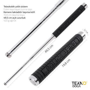 W42 Teleskopik Katlanır Çelik Jop 49,5cm Krom Polis Copu Kılıflı