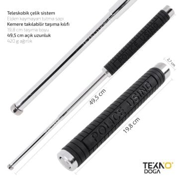 W42 Teleskopik Katlanır Çelik Jop 49,5cm Krom Polis Copu Kılıflı