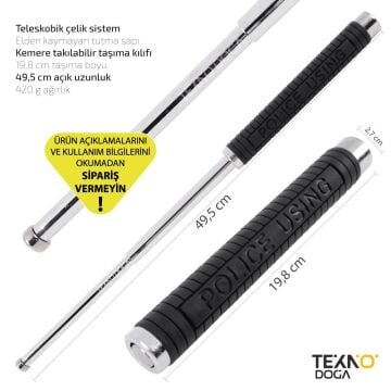 W42 Teleskopik Katlanır Çelik Jop 49,5cm Krom Polis Copu Kılıflı