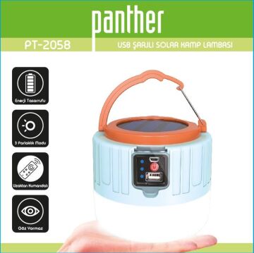Panther El Feneri USB Şarjlı Solar Kamp Lambası PT-2058